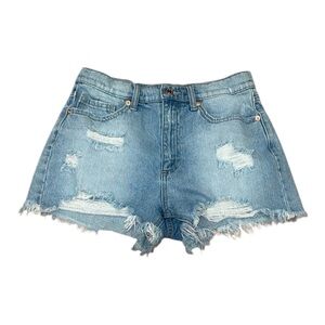 Sneak peek distressed denim shorts